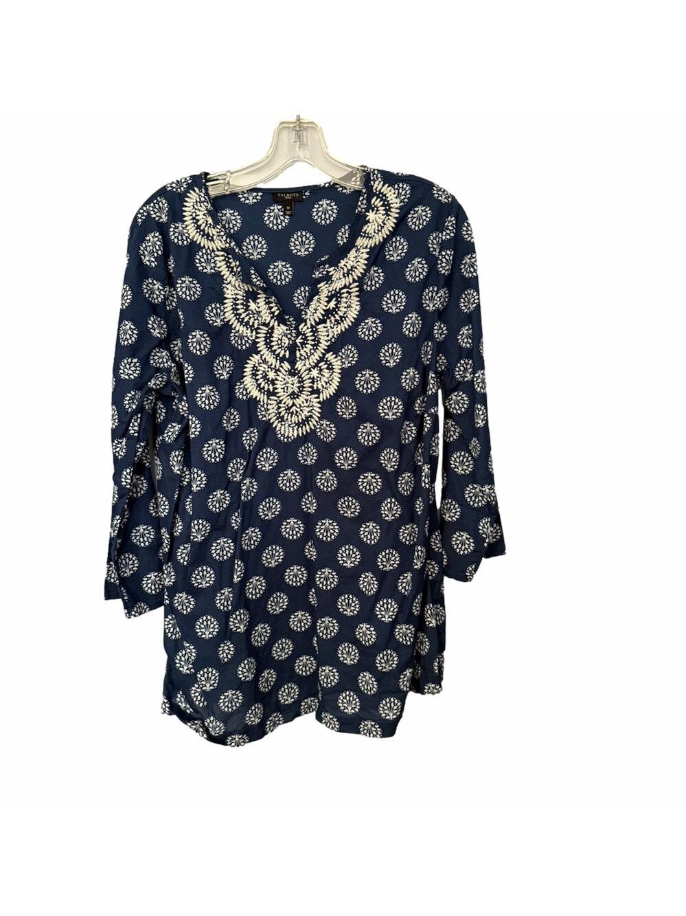 Talbots Navy Blue Embroidered Beaded Cotton Tunic 1X